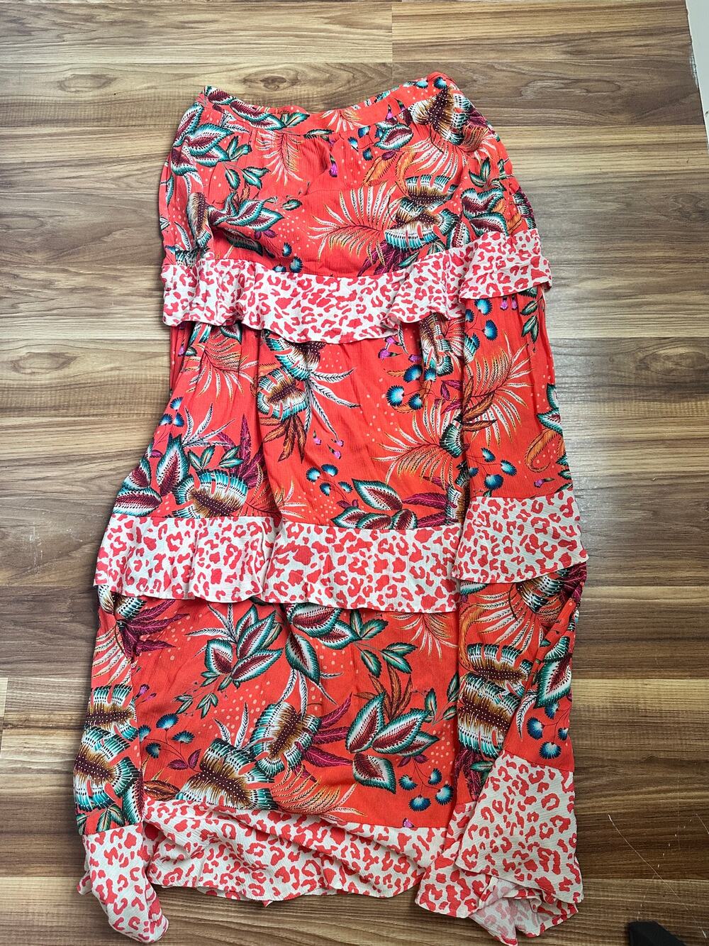 Farm Rio x Anthropologie Ruffled Leopard Floral Maxi Skirt